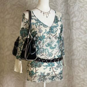 Talia Kume Green & White Paisley Mesh Sheer Henley Top Whimsygoth Grunge Size 8